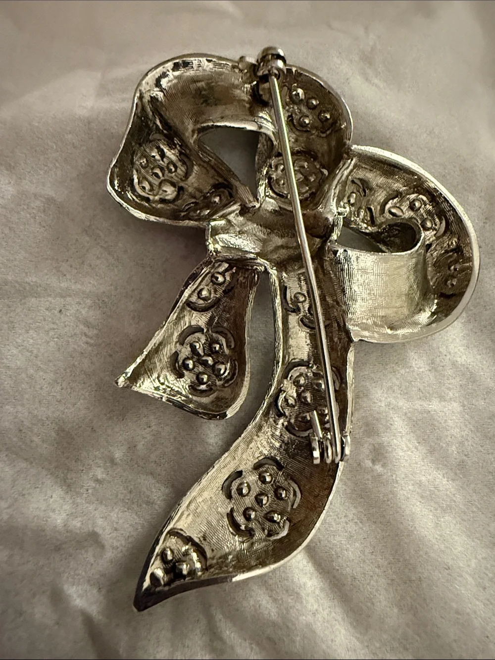 Ornate Silver Bow Floral Brooch - Women’s Statement Jewelry